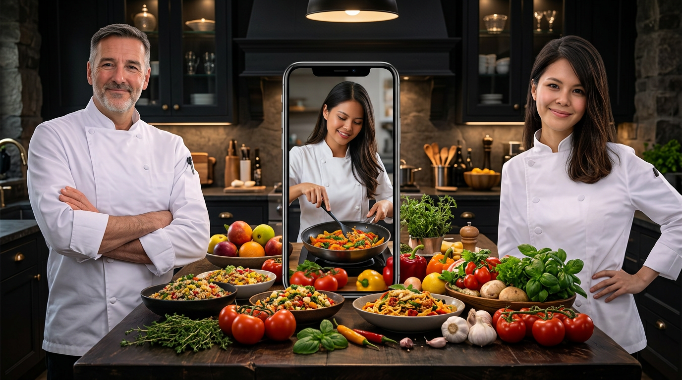 Chef teaching a live online cooking class